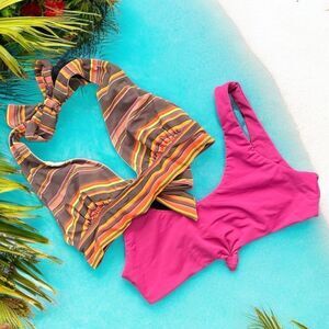 2 Bikini’s Size Medium, Cyn & Luca Stripe Halter and Zaful Knotted Tops Size Med